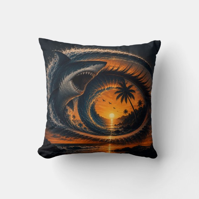 Oog van de Golf – Surreal haai zonsondergang Worp  Kussen (Voorkant)