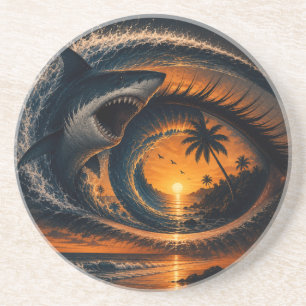 Oog van de Golf – Surreal haai zonsondergang Worp Zandsteen Onderzetter