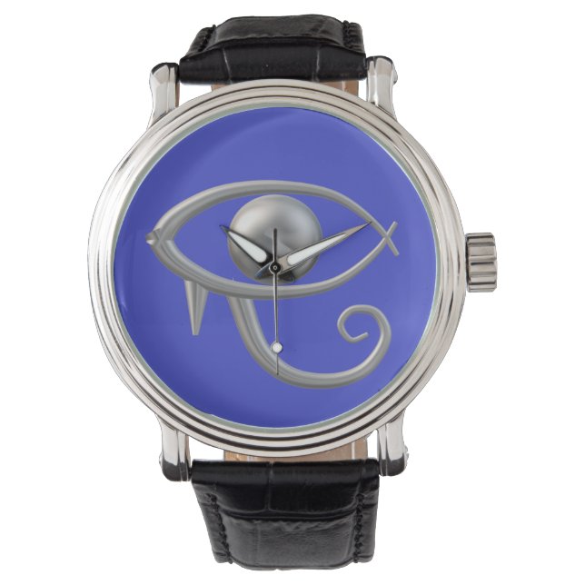 Oog van Ra zilver op blauwe horloge (Voorkant)