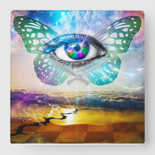 Oogkleurige vierkante wandklok (Voorkant)