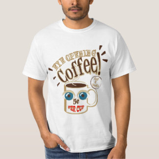 Oogopenende koffie - glimlachende mok met grote og t-shirt