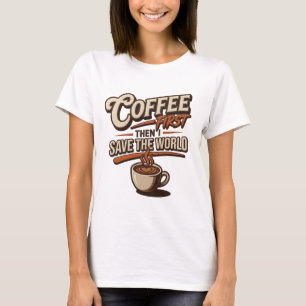 OOGOPSLAG KOFFIE EERST, DAN DE WERELD REDDEN T-SHIRT
