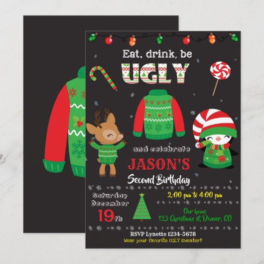 Oogse sweater party-uitnodiging kerstverjaardag kaart (Voorkant / Achterkant)