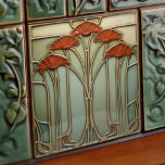 Oogst Crescendo Art Nouveau Keramische Tegel Tegeltje<br><div class="desc">Deze boeiende keramische tegel brengt je naar het hoogtepunt van Art Nouveau elegantie, waar de vormen van de natuur opnieuw worden voorgesteld in design. Een bladerdak van gestileerde paddenstoelen of misschien bloemen fans in levendige oogst sinaasappel ontvouwt zich tegen een rustige salie en bleke olijfdoek. Hun stengels, getraceerd in de...</div>