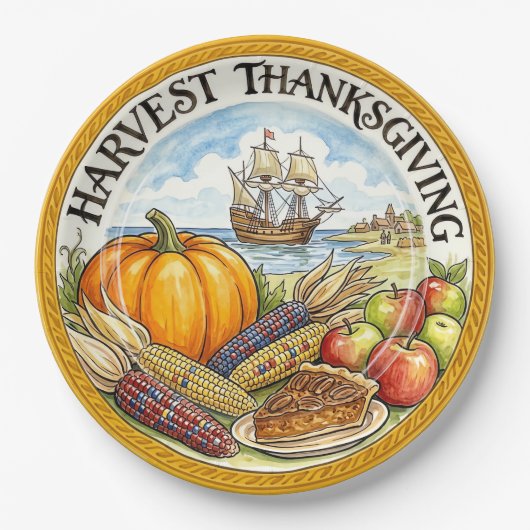 "Oogst Dankdag" Mayflower Keramische Bord (Voorkant)