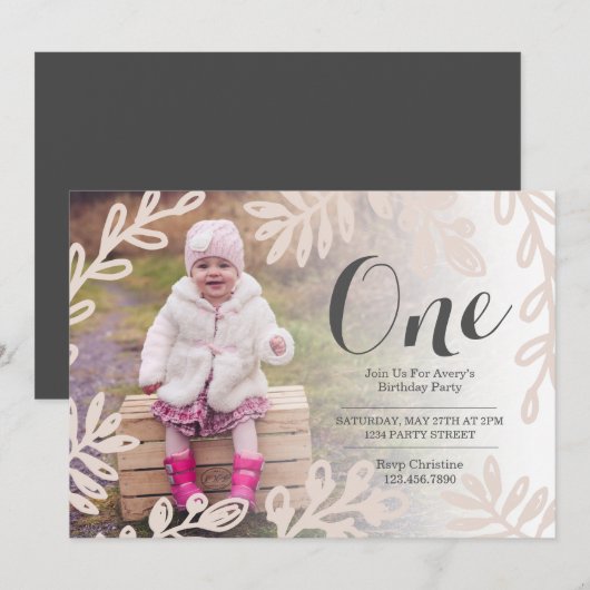 Oogst Flowers Birthday Invite Kaart (Voorkant / Achterkant)