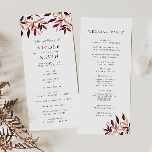 Oogst Foliage bruiloft ceremonie programma Programmakaart