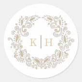Oogst gestileerde krans monogram bruiloft ronde sticker (Voorkant)