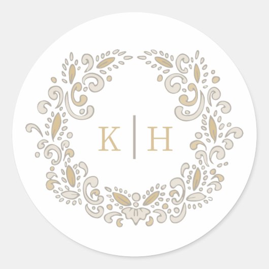 Oogst gestileerde krans monogram bruiloft ronde sticker (Voorkant)