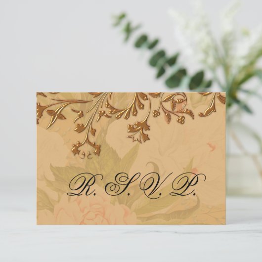 Oogst Gold en Faded Peonies Wedding RSVP Kaartje (Staand voorkant)