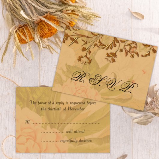 Oogst Gold en Faded Peonies Wedding RSVP Kaartje