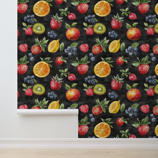 Oogst Grocery Fruit Patroon Krijt Tekening Behang (Applicatie)