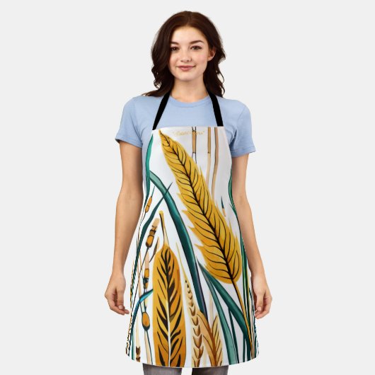 Oogst Harmony: Een warmtegatroon op een wit canvas Schort (Gedragen)