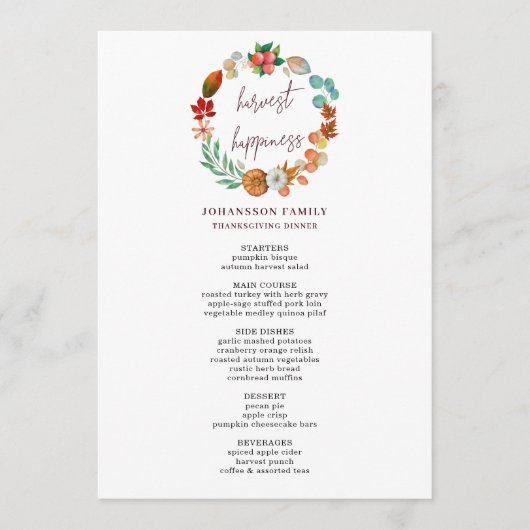 OOGST HERFST POMPOEN KRANS THANKSGIVING DINER MENU (Voorkant)