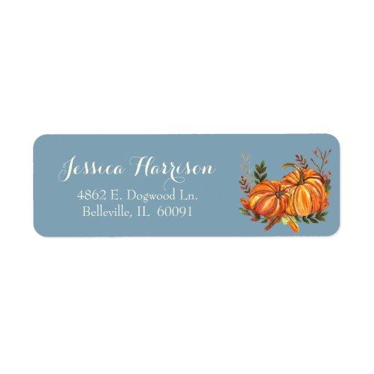 Oogst Herfst Pompoenen Bladeren Blauw Etiket (Voorkant)