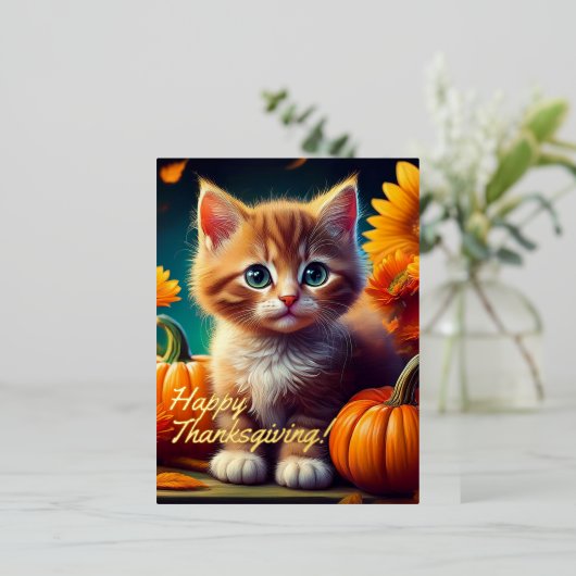 Oogst Kitten Oranje Kat Pompoen Thanksgiving Folie Feestdagen Briefkaart (Staand Voorkant)