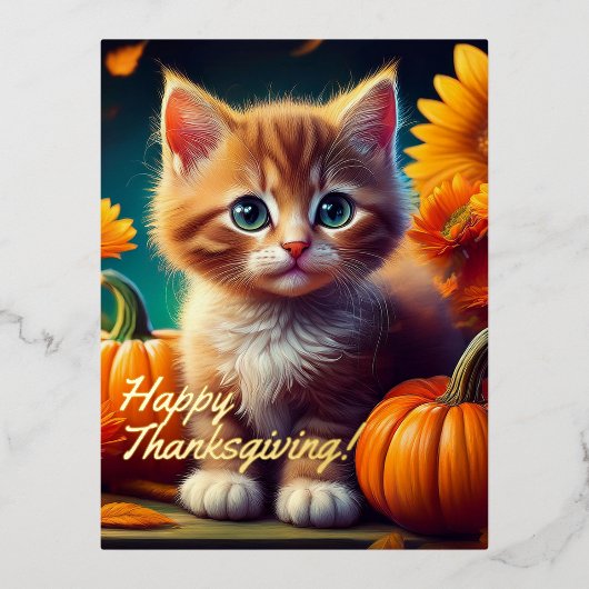 Oogst Kitten Oranje Kat Pompoen Thanksgiving Folie Feestdagen Briefkaart (Voorkant)