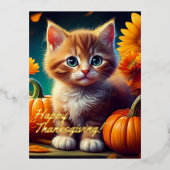 Oogst Kitten Sinaasappel Kat Pompoen Thanksgiving Folie Feestdagen Briefkaart (Voorkant)