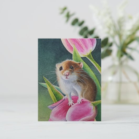 Oogst Muis op roze tulp Spring Waterverf Art  Briefkaart (Staand voorkant)