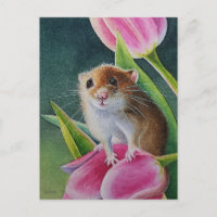 Oogst Muis op roze tulp Spring Waterverf Art 