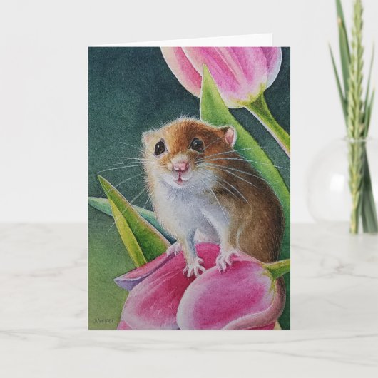 Oogst Muis op roze tulp Spring Waterverf Art  Kaart (Voorkant)
