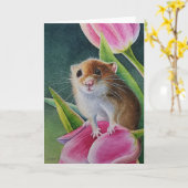 Oogst Muis op roze tulp Spring Waterverf Art  Kaart (Gele Bloem)