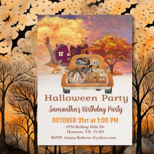 Oogst Pickup Truck Halloween Verjaardagsfeest Kaart