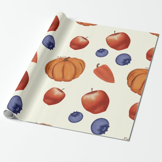 Oogst pompoen en peper, bessen en appels. cadeaupapier (Uitgerold)