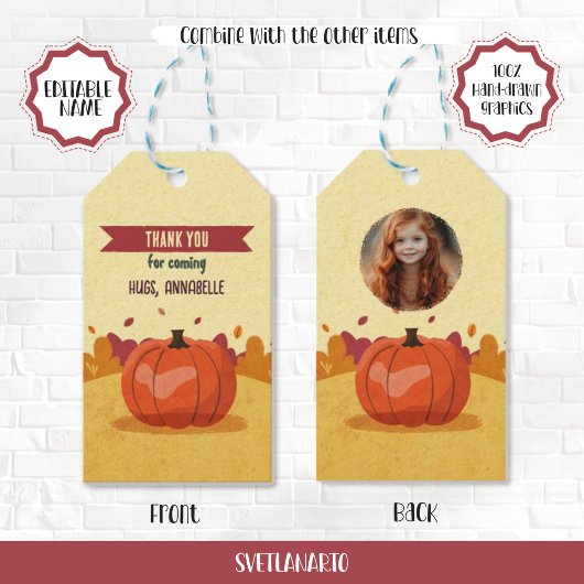 Oogst Pompoen Kinder Foto Herfst Cadeaubijsluiter Cadeaulabel