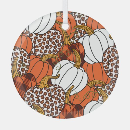Oogst Pompoen Patchwork Patroon Glas Ornament (Voorkant)