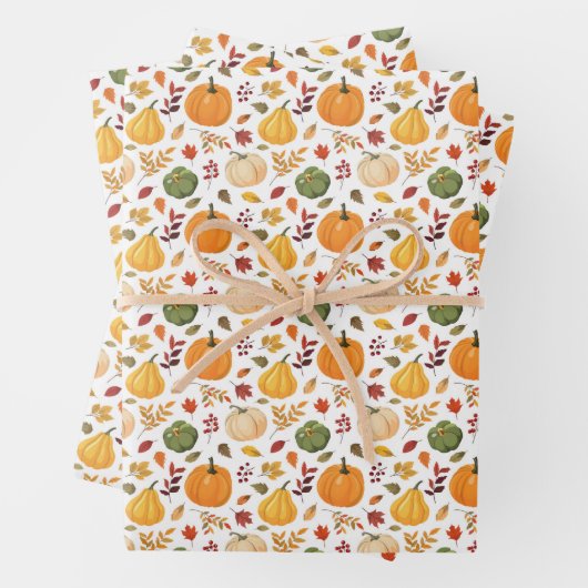 Oogst pompoenen en herfst bladeren patroon inpakpapier vel (In situ)