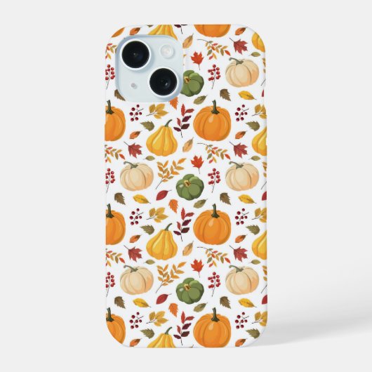 Oogst pompoenen en herfst bladeren patroon iPhone 15 case (Achterkant)