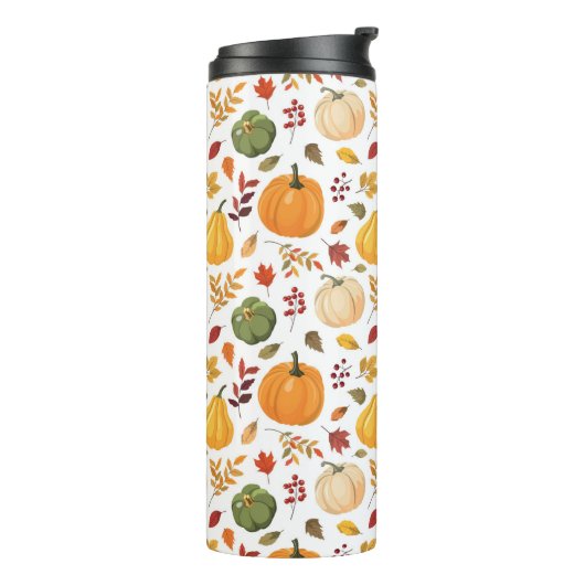 Oogst pompoenen en herfst bladeren patroon thermosbeker (Gedraaid links)