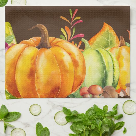 Oogst pompoenen en herfst verlaten grens Thankful Theedoek (Gevouwen)