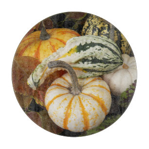 Oogst Pompoenen en Squash Stilleven Foto Snijplank