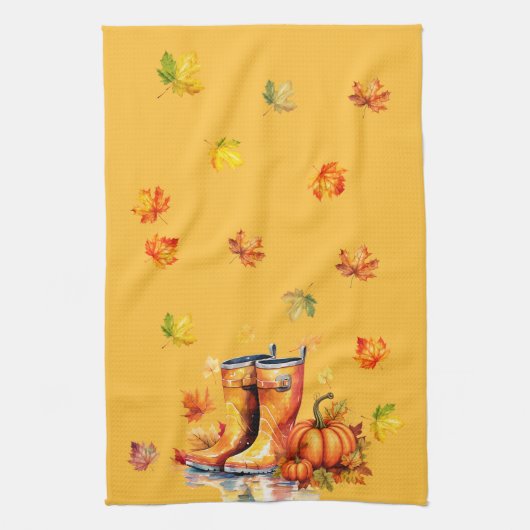 Oogst Pompoenveld - Herfst Regenlaarzen Theedoek (Verticaal)