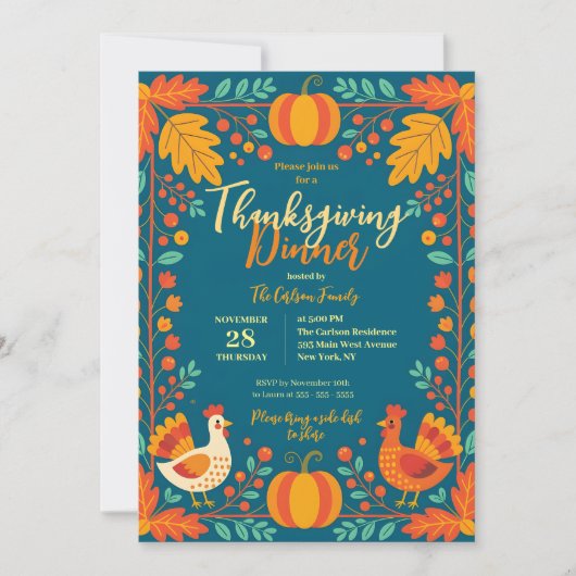 Oogst Turkije Folk Art Autumn Leaves Thanksgiving Kaart (Voorkant)