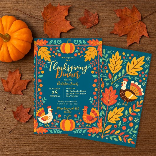 Oogst Turkije Folk Art Autumn Leaves Thanksgiving Kaart