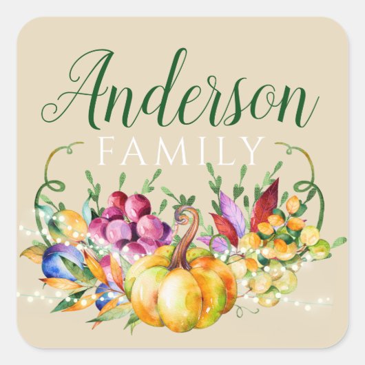 Oogstboeket Familienaam Herfst Vierkante Sticker (Voorkant)