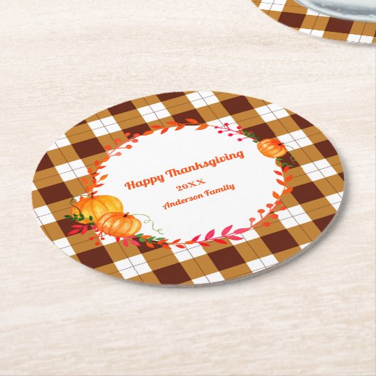Oogstfeest Bruine Witte Geruite Pompoen Ronde Kartonnen Onderzetter (Gebogen)