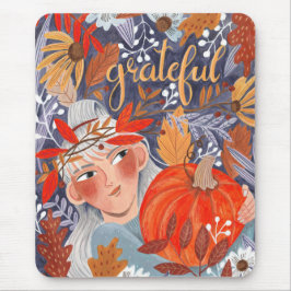 Oogstfeest herfstbladeren dankbaar meisje planner muismat