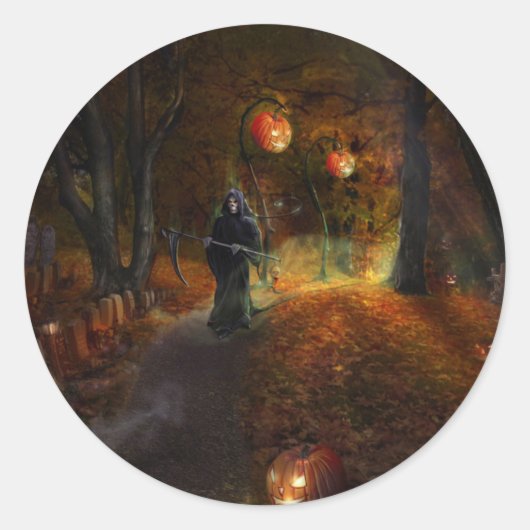 Oogstmaan en pompoenen ronde sticker (Voorkant)