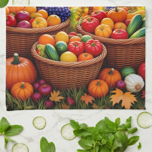 Oogstmanden, sinaasappel in de herfst, theedoek (Gevouwen)