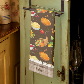Oogstpatroon voor Thanksgiving-keuken met Plaid Theedoek