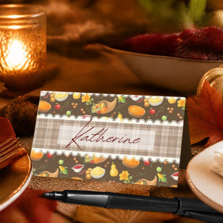 Oogstpatroon voor Thanksgiving keuken met ruitjes Plaatskaartje