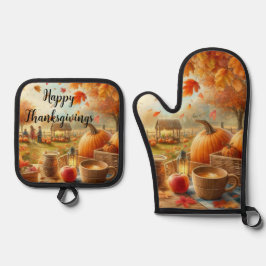 Oogstpompoenen Herfstbladeren  Ovenwant & Pannenlap Set