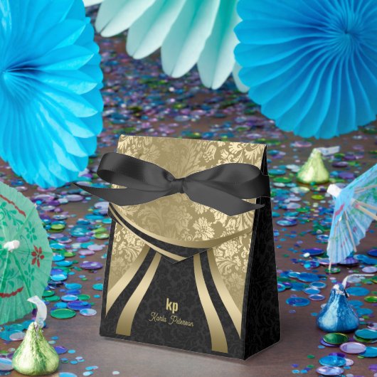 Oogstrelend Goud Zwart Damask Dynamische Lijnen 2 Bedankdoosjes (Feest)