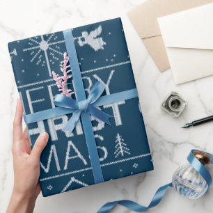 Oogstrelend kerstzweten Religieus Christelijk blau Cadeaupapier