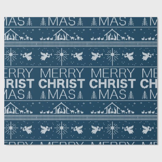 Oogstrelend kerstzweten Religieus Christelijk blau Cadeaupapier (Vlak)