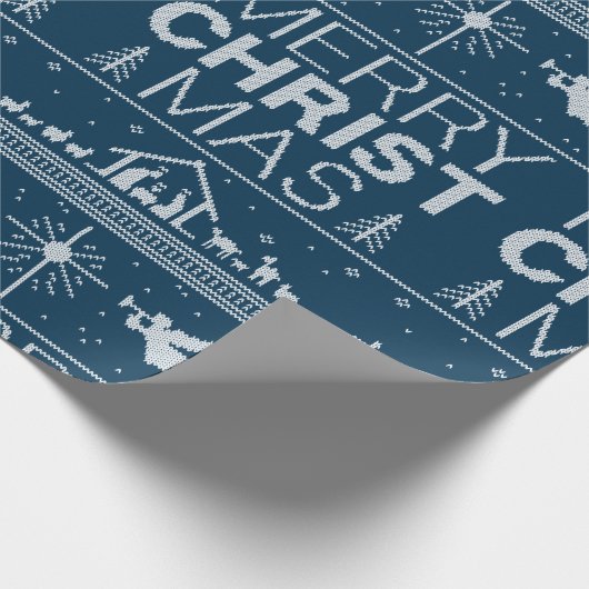 Oogstrelend kerstzweten Religieus Christelijk blau Cadeaupapier (Hoek)